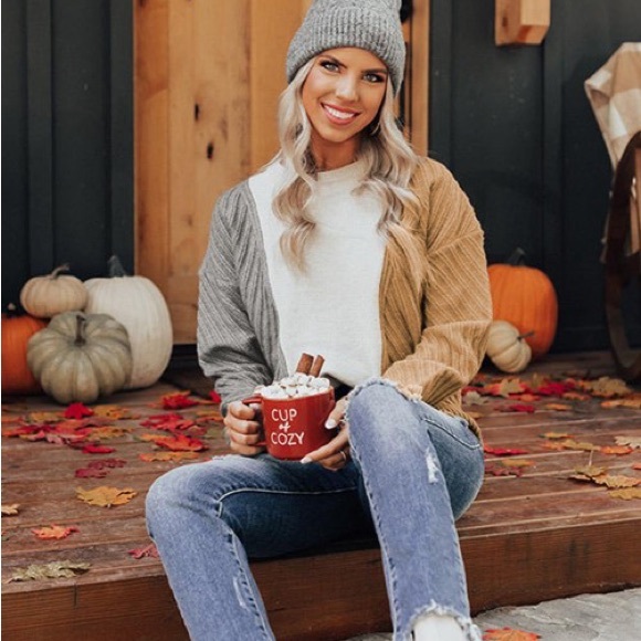 Cozy Sweater, Color Block, Cable Knit Texture, White/Tan/Gray, M L XL 2X - Picture 8 of 16